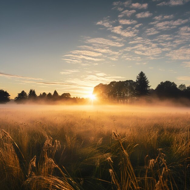 Dawn's Embrace Een minimalistische weide bij zonsopgang