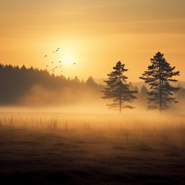 Photo dawn's embrace a minimalist meadow at sunrise