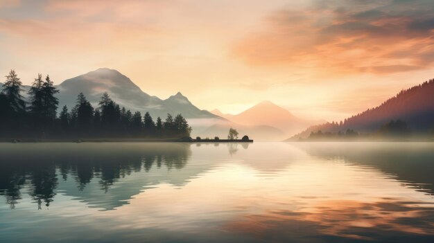 Безмятежность рассвета. Спокойствие на берегу озера с мягкими оттенками восхода солнца и далекими вершинами.