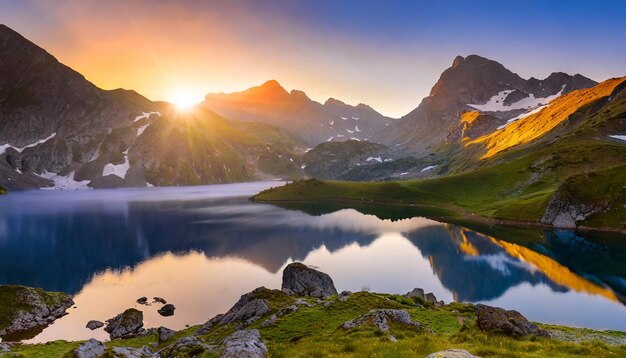 The dawn sky mirrored in the tranquil waters of the mountain lake