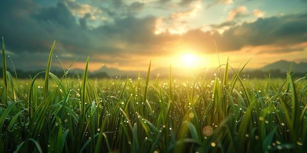 dawn sun in a paddy field in spring