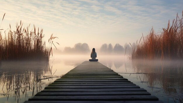 Foto dawn tai chi by the misty lakeside serene en etherische sfeer