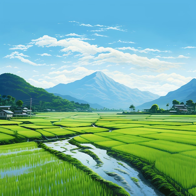 a dawn view of a verdant rice field with a mountain in the sky