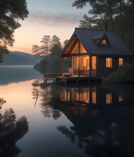 Photo dawning serenity lakeside cabin embraced by tranquility and nature