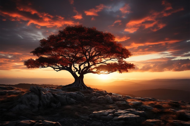 Dawns embrace Silhouetted tree stands against backdrop of suns radiant embrace