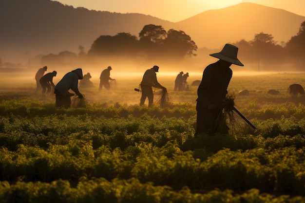 Photo dawns embrace the tireless effort of agricultural workers in harmonic congruence with nature