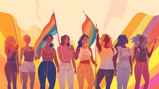 Foto poster della giornata contro l'omofobia parata del mese dell'orgoglio gruppo di donne che tengono bandiere arcobaleno