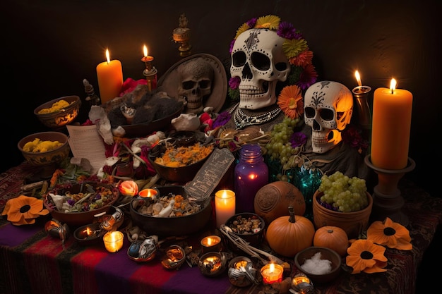 Day of the dead altar filled with offerings and spirit guides for the dead