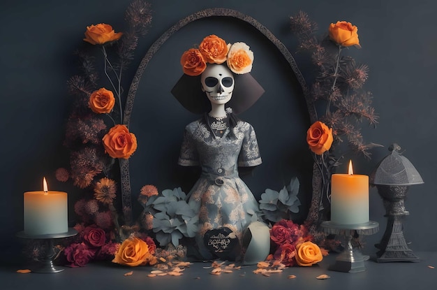 Foto giorno dell'altare dei morti con catrina carta stile artistico ai generato sfondo