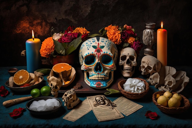 Day of the dead altar with offerings and decorations for the deceased