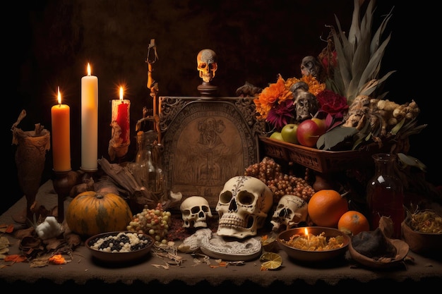 Day of the dead altar with offerings and personal prayers