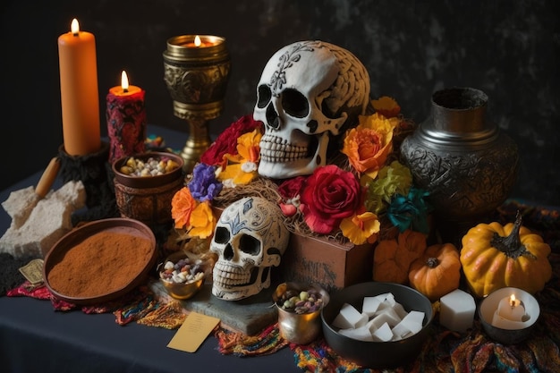 Day of the dead altar with sugar skulls and offerings for the dead