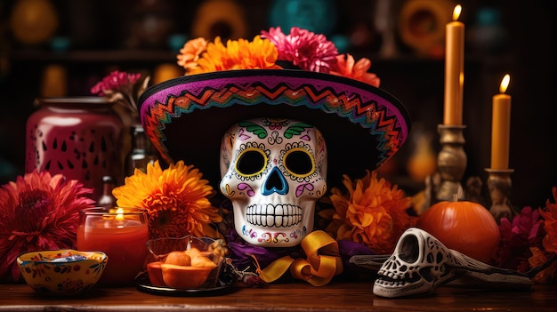 Празднование Дня мертвых атрибутов Dia de los Muertos Mexico
