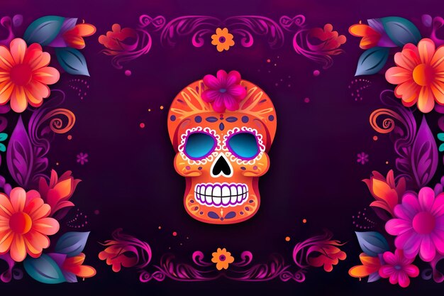 Day of the dead Background frame composition with skull and flowers Dia de los muertos celebration