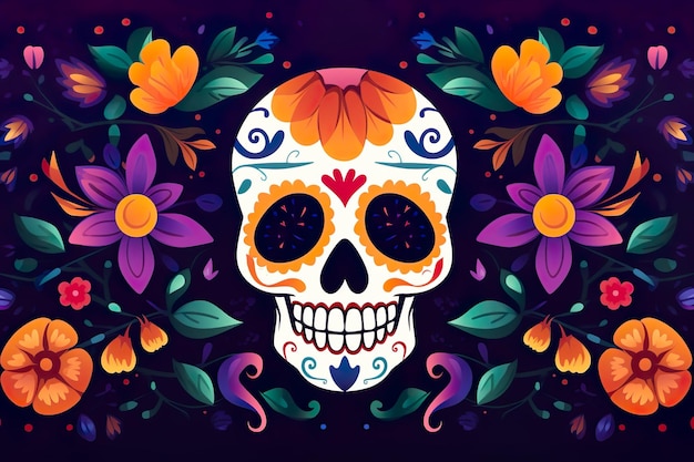 Day of the dead Background frame composition with skull and flowers Dia de los muertos celebration