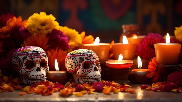 Day of the dead background with skull candles and flowers