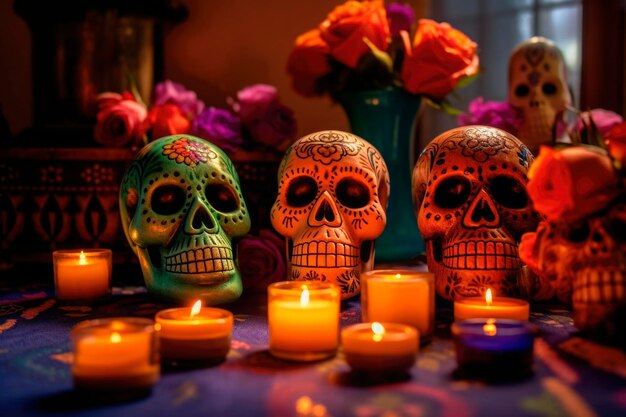 멕시코 전통 축하 축제인 La Muerte에서 생성된 AI를 위한 휴일 dia de los muertos 설탕 두개골과 집 제단에 두개골 마스크로 장식된 꽃과 촛불이 있는 죽은 배경의 날