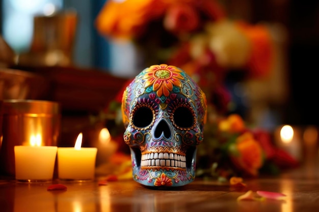 Day of the dead background with skull mask decorated flowers and candles at home altar Holiday dia de los muertos sugar skull for traditional mexican celebration festival La Muerte generated AI