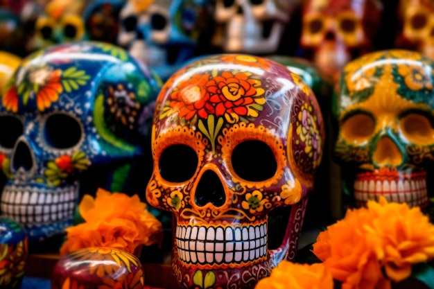 Day of the dead background with skull mask decorated flowers and candles at home altar Holiday dia de los muertos sugar skull for traditional mexican celebration festival La Muerte generated AI
