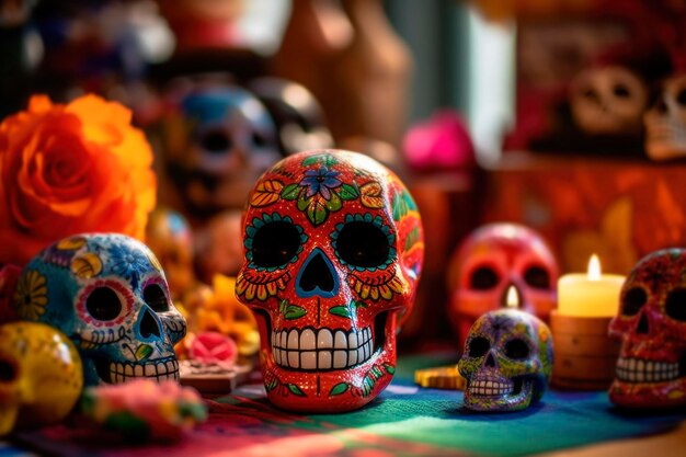 Day of the dead background with skull mask decorated flowers and candles at home altar Holiday dia de los muertos sugar skull for traditional mexican celebration festival La Muerte generated AI