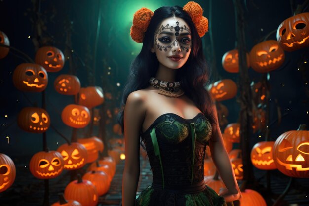 День мертвых красавица улыбается в платье бикини и позирует ночью на Хэллоуин тыквы