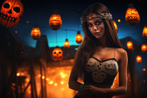 Day of the dead beauty girl smiling wearin bikini dress posing at night halloween pumpkins