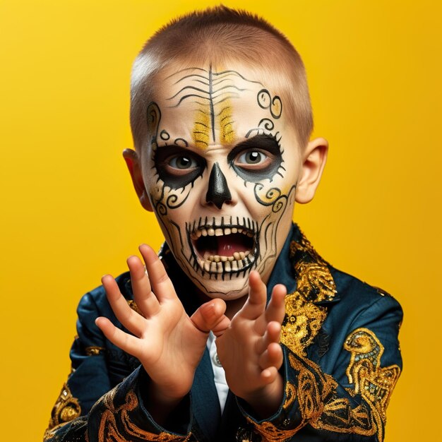 Day of dead boy make up skull on yellow background