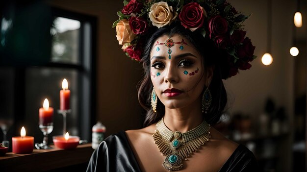 Foto il giorno dei morti calavera catrina ritratto di donna con il tradizionale trucco del teschio di zucchero messicano