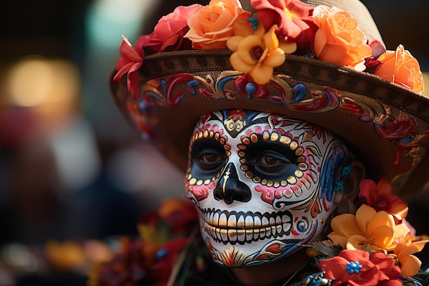 Day of the dead calavera man with traditional sugar skull makeup Generative AI