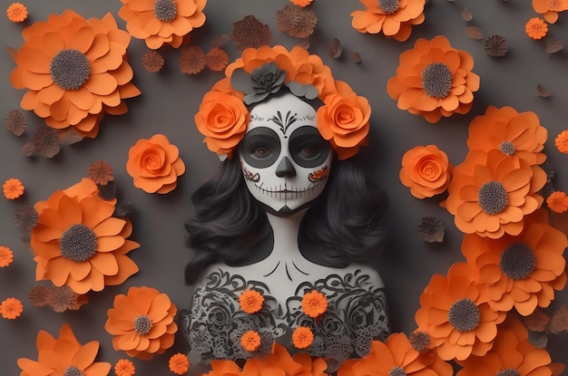 Photo day of the dead catrina paper art style ai generated