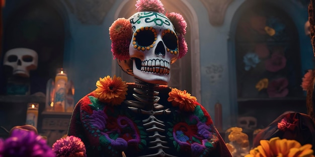 Day of the Dead celebration with a vivid Catrina on the altar Generative AI
