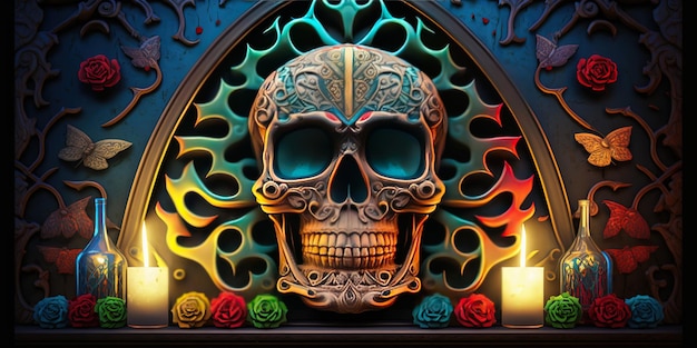 day of the dead colorful skull altar background