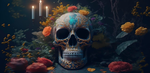 Day Of the dead Colorful Skull altar flowers cempasuchil flowers Generative AI