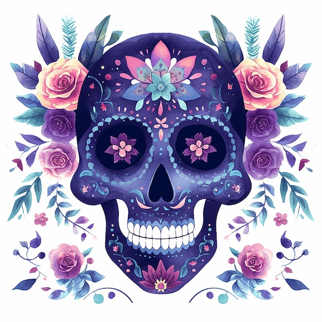 Day of the dead colorful skull with flowers and leaves surrounding it