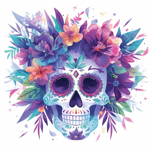 Day of the dead colorful skull with flowers and leaves surrounding it