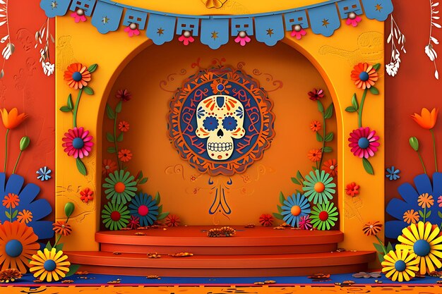 Day of the dead dia de los muertos 3d podium round square stage with paper cut