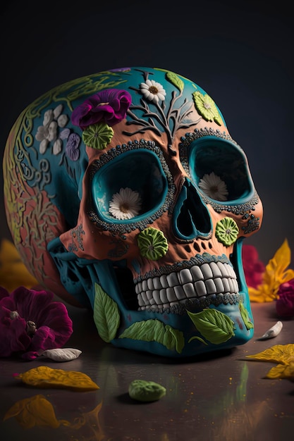 Day of the Dead Dia de los muertos skull and flowers Generative AI