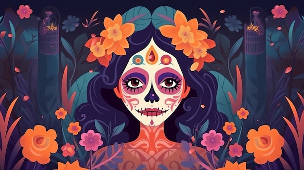 День мертвых или Dia de los muertos с максиканским портретом девушки в карнавальной маске дня мертвых