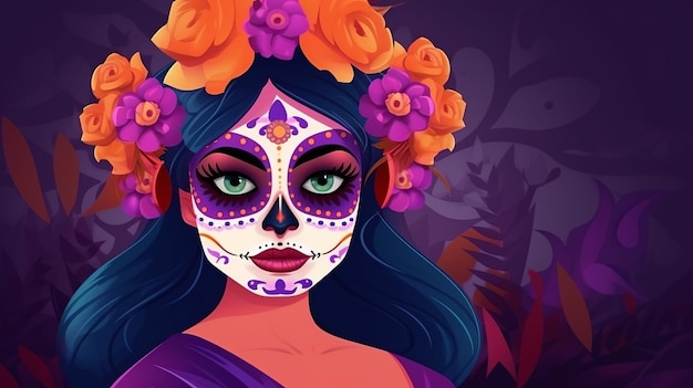 Day of the Dead or Dia de los muertos with maxican girl portrait wearing carnival mask of the day of the dead