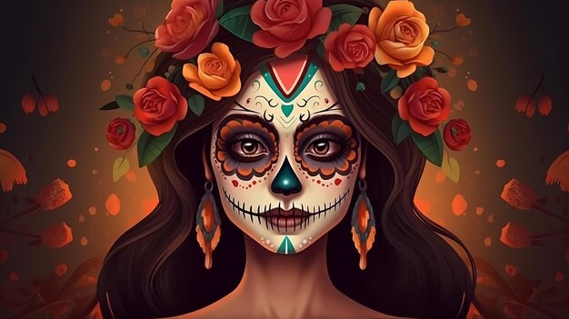 День мертвых или Dia de los muertos с максиканским портретом девушки в карнавальной маске дня мертвых