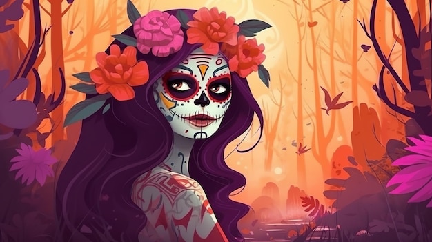 죽은 날의 카니발 마스크를 쓴 맥시칸 소녀의 초상화가 있는 죽은 자의 날 또는 Dia de los muertos