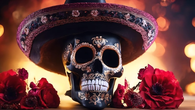 День мертвых или Dia de Muertos 3D-череп с цветами Сгенерировано с помощью AI