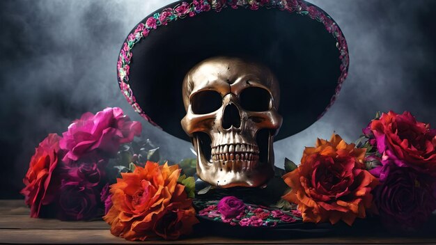 Foto giorno dei morti o dia de muertos teschio 3d con fiori generato con l'intelligenza artificiale