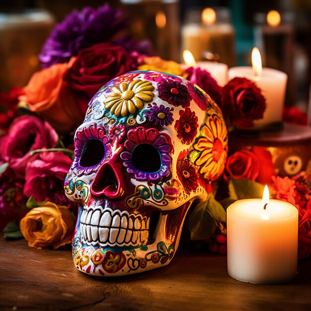 Day of the Dead festival decorated skull with flowers and candles