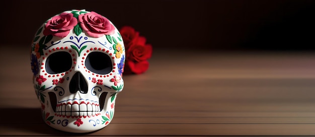 Day of the Dead header with Mexican painted skull with blank space for text Catrina panoramic banner