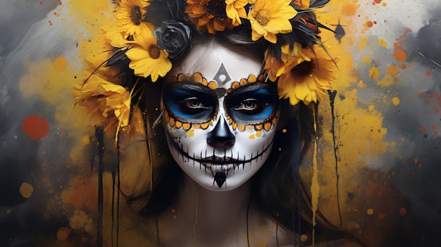 Day of the dead illustration with sugar skull girl in decorative flower wreath neural network ai