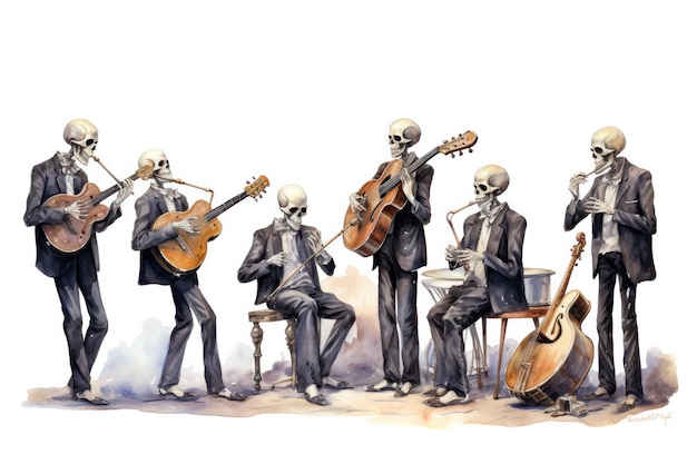 A day of the dead mariachi band skeleton ensemble on white background