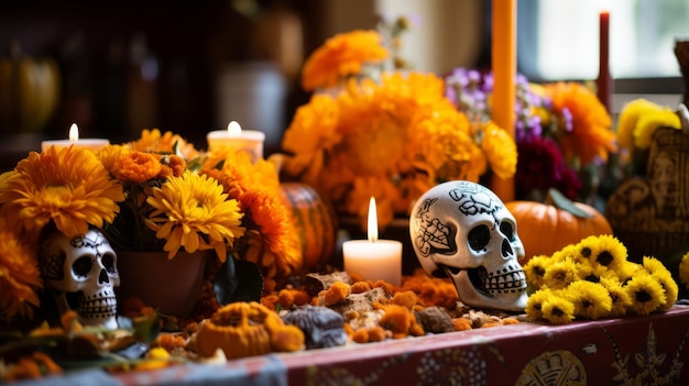 Photo day of the dead marigold offerings on a beautifully decorated altar