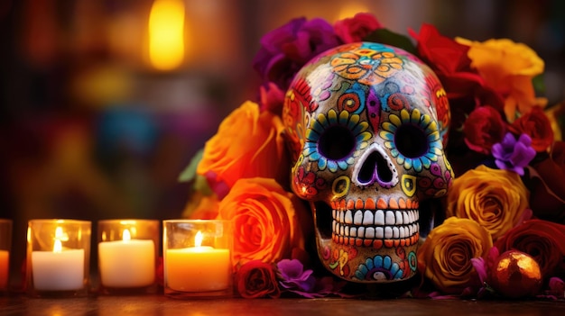 Day of the Dead Mexican Skull with Floral and Candle Composition