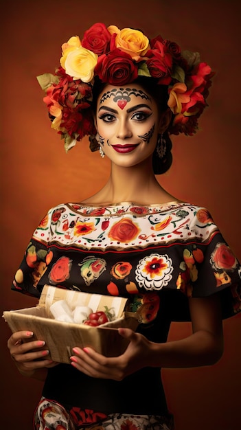 Day of the dead mexican woman holding gift box